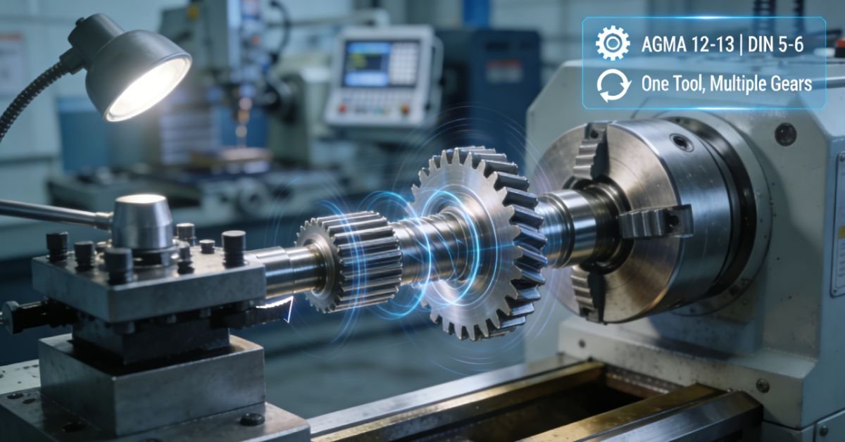 A detailed view of the gear generating process on a modern CNC hobbing machine, showing a hob tool in action generating precise teeth on a gear blank. The image highlights the continuous motion, precision, and industrial context of this advanced manufacturing method.