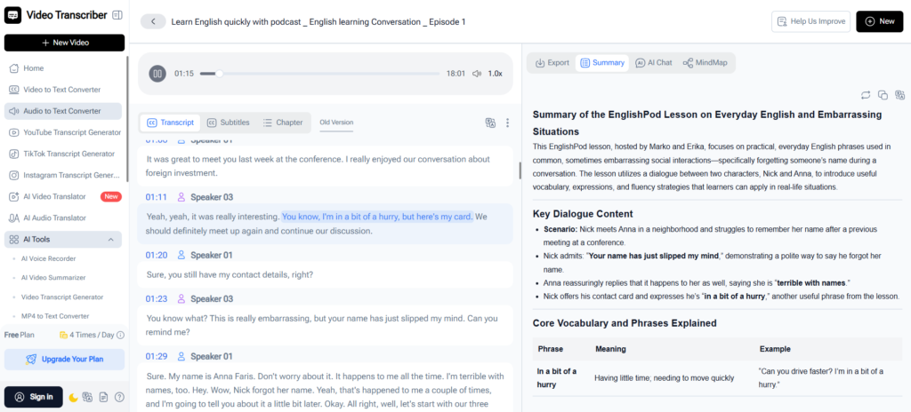 Convert audio to text with highlighted key points and AI summaries using Video Transcriber AI